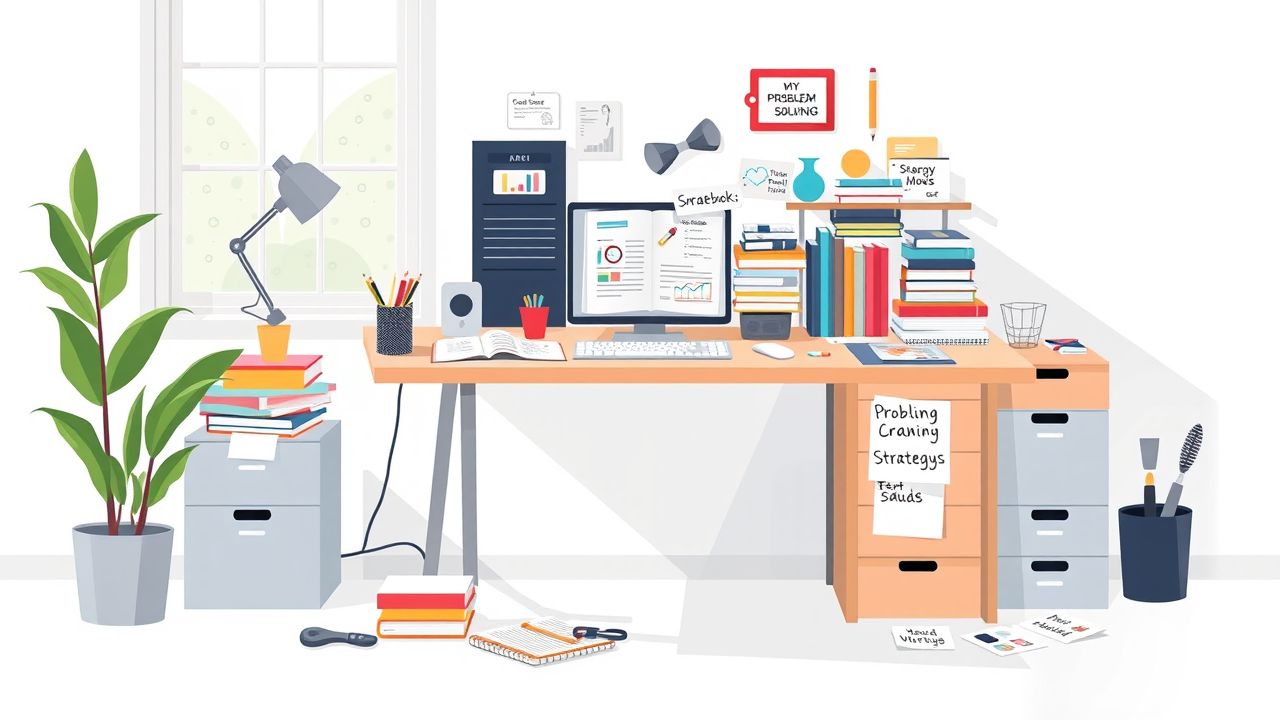 Een rommelig bureau vol met tools en boeken voor probleemoplossing.