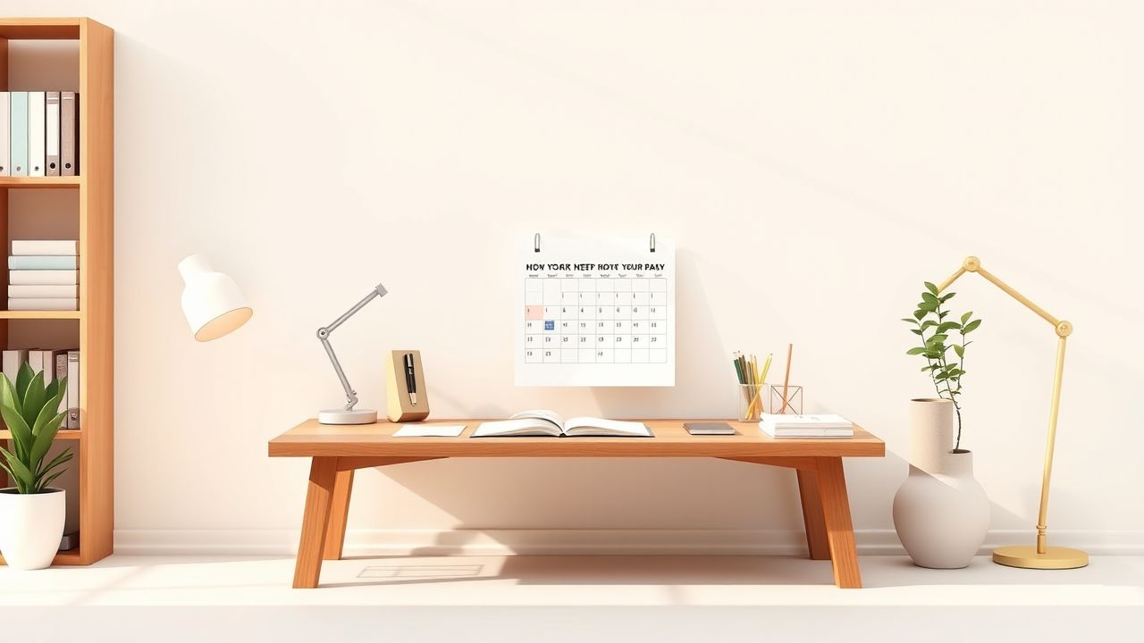 Een georganiseerde, serene thuiswerkplek met minimalistische inrichting en productiviteit.